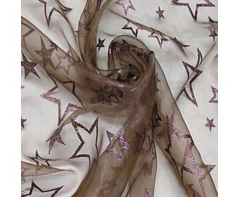 Vánoční organza - hnědá s bronzovými hvězdami